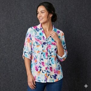 Cathy Daniels Womens Size Large Floral Blouse Roll Tab Sleeve Waffle Knit Top